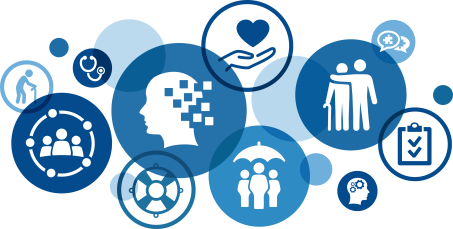 Eine Illustration mit mehreren blauen Kreisen in denen Icons gezeichnet sind zum Thema Gesundheit im Alter