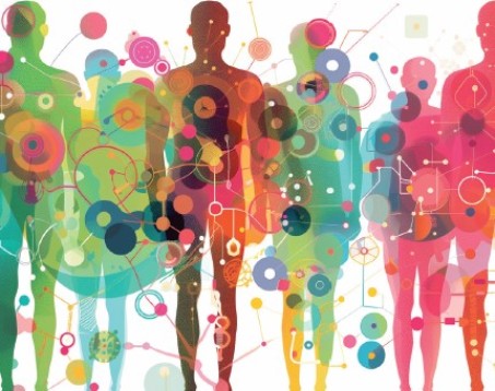 Bunte Grafik mit Illustrationen von Menschen, die durch grafische Elemente, wie Linien und Kreise in Verbindung gesetzt werden.