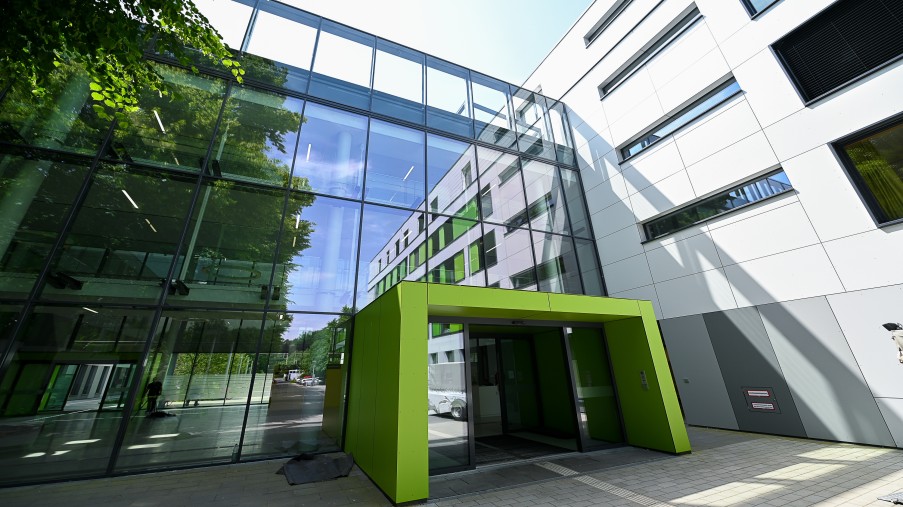 Der Eingang des Gebäudes ist Grün umrandet und führt durch die große Glasfront