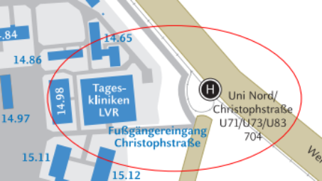 Auschnitt eines Lageplans wo die Haltestelle UNI Nord/Christophstrasse und das Tagesklinikzentrum eingezeichnet sind