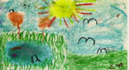Kinder-Wachsmalstift-Zeichnung: Ein See mit Fischen. Wiese, Vögel und eine große Sonne alles in hellen freundlichen Farben gemalt.