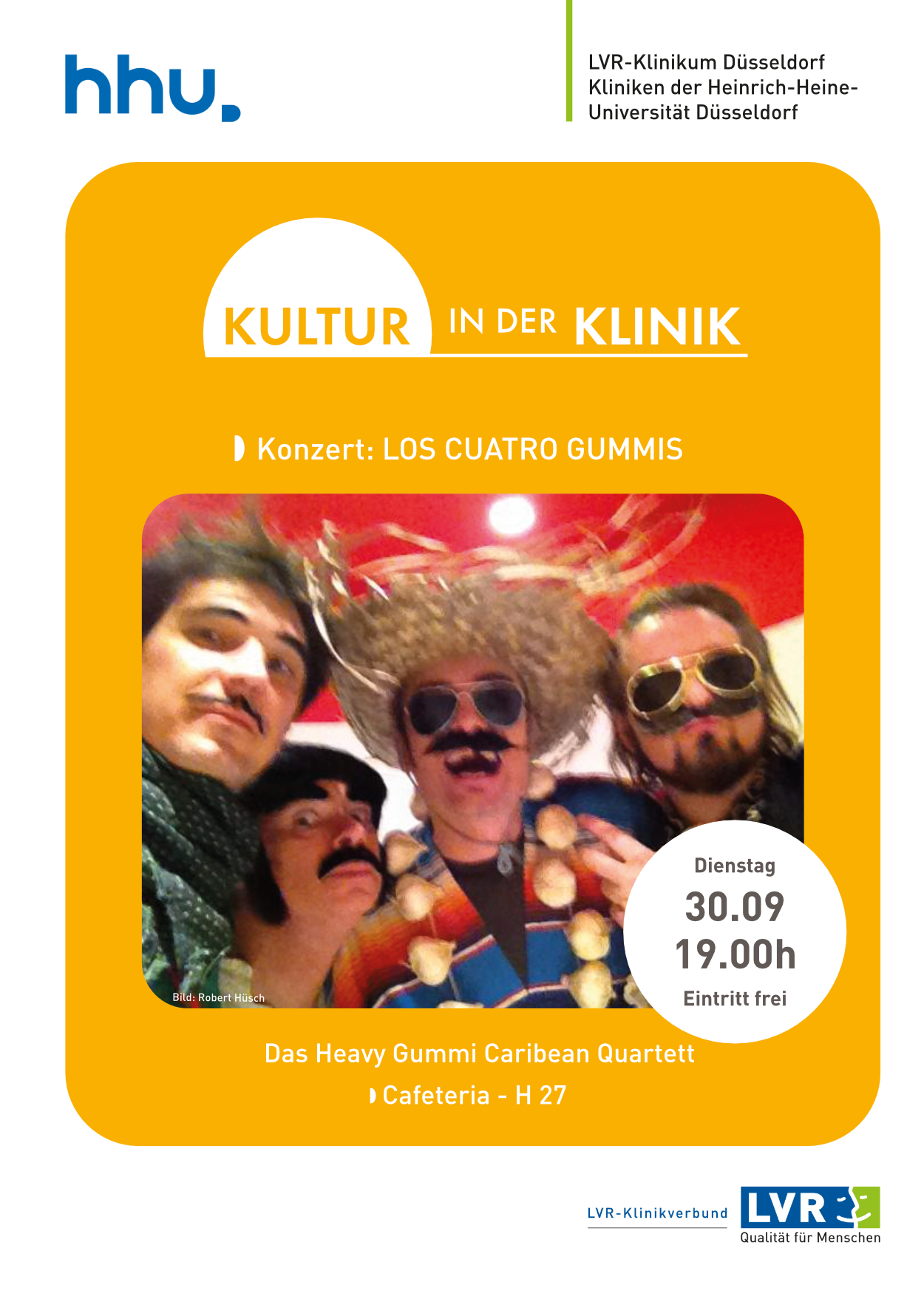 Auf dem Bild sind vier, wie Mexikaner gekleidete Musiker zu sehen