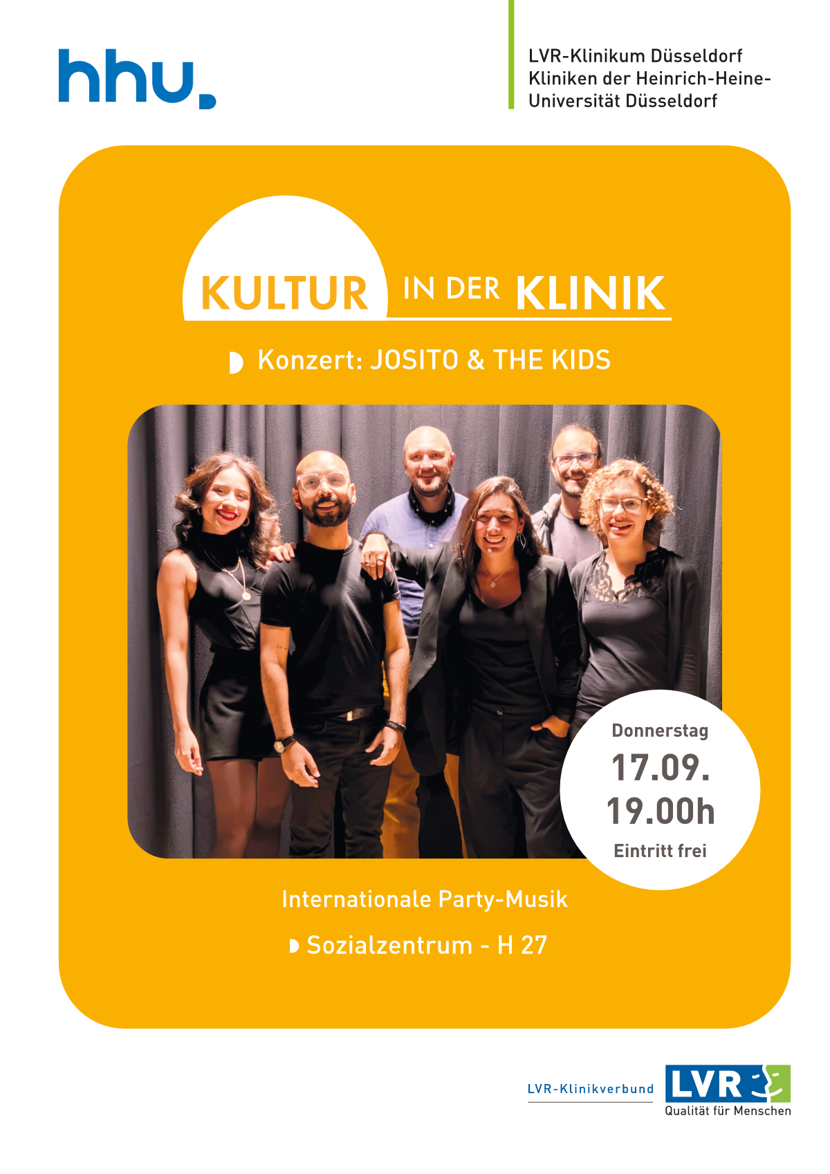 Auf dem Bild sehen Sie drei junge Frauen und drei junge Männer, alle lächeln und sind elegant in schwarz gekleidet