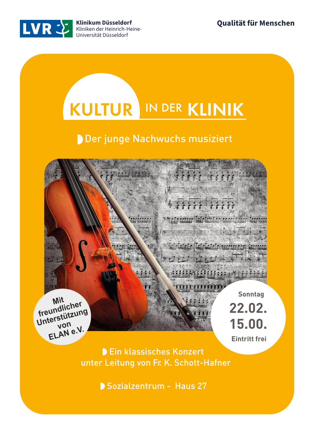 Auf dem Plakat ist eine Geige mit Bogen auf Notenpapier zu sehen